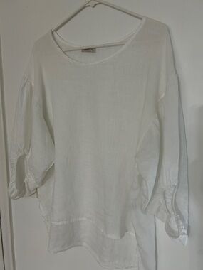 Women's White Linen Peasant Tunic with Gathered Sleeves